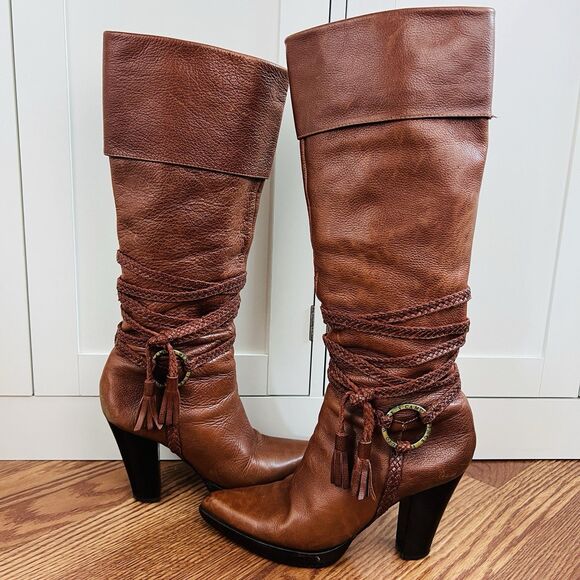 Vince Camuto Shoes - Gorgeous Vince Camuto Brown Leather Buckled Braided Knee High Riding Boots Sz 8B